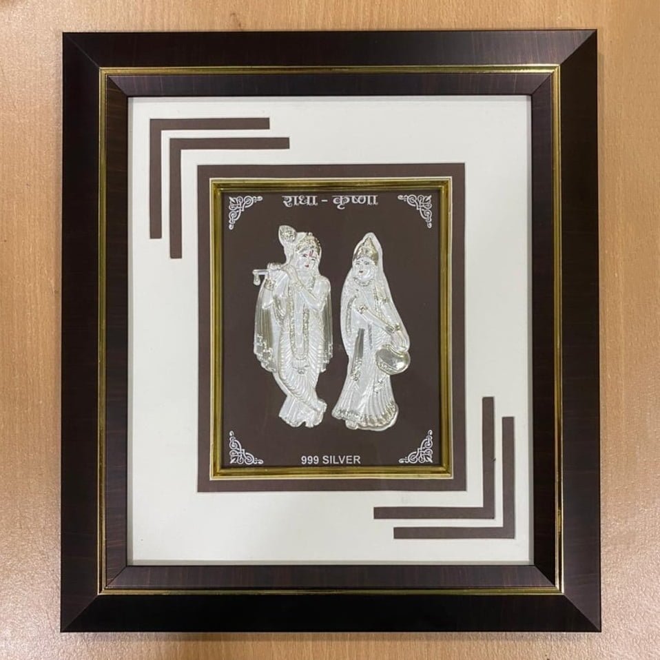 999 Pure Silver Radha Krishna Cutting Wooden Frame With LED Lights For Gift  / Home Décor | Shastrafy